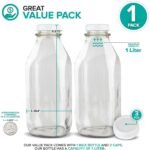 Stock Your Home Liter Glass Milk Bottle with Lid (1 Pack) 32 Oz Jugs and 3 White Caps, Reusable Food Grade Milk Container for Refrigerator, Bottles for Juice, Oat or Plant Milks, Water, Honey - Image 3