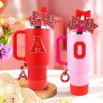 Red Cup Accessories Set for Stanley 30OZ & 40OZ Tumbler with Handle, Letter Charms, Bow & Diamond Straw Covers, Glitter Silicone Boot, Personalized Sticker for Stanley Cup Accessories (D) - Image 6