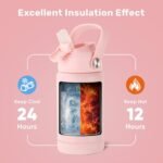 12 oz Water Bottle, 2 pack Kids Water Bottles for School, Toddler Water Bottle with Straw & Handle, 304 Stainless Steel Insulated Water Bottle, Non-slip Silicone Base, BPA Free, Pink Two Piece - Image 5
