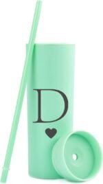 Letter D Personalized Initial Gifts for Women Men 16oz Double Wall Mint Plastic Skinny Tumbler Monogrammed Matte Slim Cup Wedding Graduation Birthday Gift (D) - Image 3