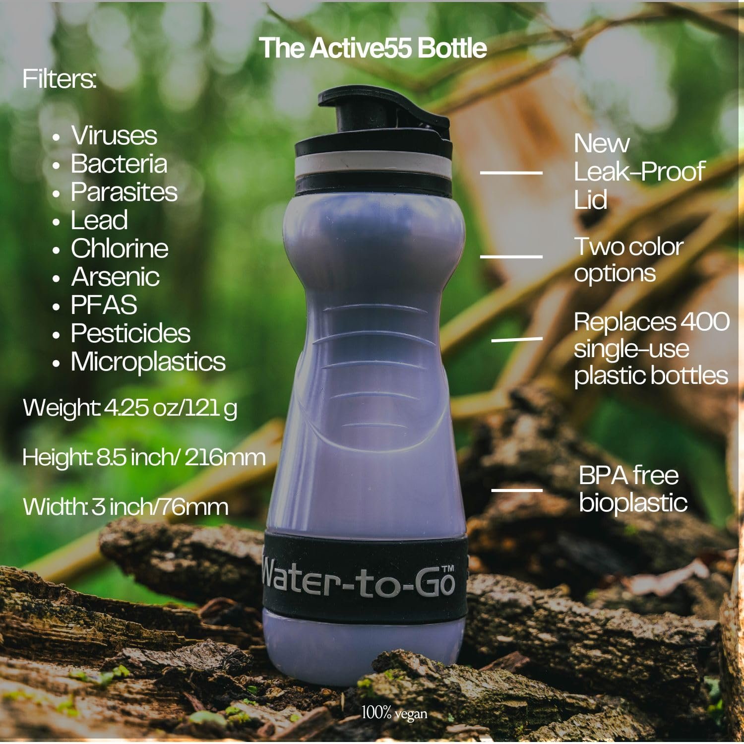 Small Filtered Water Bottle (18.5oz/55cl) Value Bundle with Three Filters, Nanofiltration Water Bottle with Filter for Travel, BPA-Free Bioplastic. Green - Image 3
