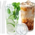 18.5oz Glass Cups with Lids and Straws - Set of 2 Reusable Tumblers, Thickened Shatter-Resistant Glass, Ideal for Iced Coffee, Smoothies, Cocktails, Juices - Elegant & Durable Drinkware - Image 2