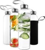 18oz Glass Water Bottles – Pack of 4 Nylon Protective Sleeves, Airtight Screw Top Lids, Portable Carrying Loops - Lead, PVC and BPA Free - Water, Milk, Smoothie, Juice Beverage Glasses (4) - Image 2