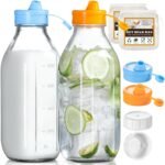 2 Pack 32 OZ Glass Milk Bottles with 2 Pour Spout Lids & 2 Nut Milk Bags & 2 Airtight Caps, Reusable Glass Bottles, Breast Milk Pitcher, Syrup, Honey, Water Jug, Juice Container for Refrigerator - Image 2
