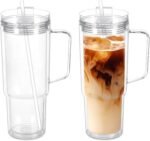 2 Pack 40 Oz Acrylic Tumbler with Handle, Double Wall Reusable Plastic Coffee Cups with Lids and Straws, BPA Free Clear Travel Mug Cup for Juice, Milk, Smoothie, Soda - Image 2
