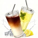 2 Packs Ribbed Glass Tumbler with Lid and Straw 16 oz Cute Ice Coffee Cup Set for Smoothie Juice Matcha Tea Latte Cappuccino Espresso Hot Coffe Water Reusable Clear Travel Mug Aesthetic Drinking Mug - Image 2