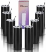 20 Oz Stainless Steel Straight Skinny Tumbler Set (8 Pack), Insulated Slim Thin Travel Cup with Lid, Black - Image 2