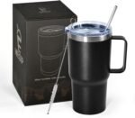 20 oz Tumbler with Handle, insulated cup coffee mug with lid, straw and handle, Double Wall Stainless Steel Vacuum Coffee Tumbler travel mug spill proof, 1pcs Black - Image 2