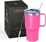 20 oz Tumbler with Handle, insulated cup coffee mug with lid, straw and handle, Double Wall Stainless Steel Vacuum Coffee Tumbler travel mug spill proof, 1pcs Rose Red - Image 2