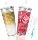 20oz Glass Cups with Lids and Straws,2 Pack Reusable Glass Tumbler for Cold & Hot Drinks Wide Mouth Travel Mug for Smoothies Cocktails Beer Tea Juice and Iced matcha Coffee Cups with Lids - Image 2