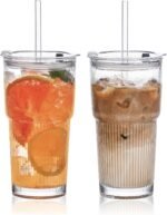 20oz Glass Tumblers with Lids and Straws, Set of 2 - Stylish Ribbed Design Drinking Glasses for Iced Coffee Cups, Juice, Smoothies, Cold Beverages, Includes Cleaning Brush, Durable Glassware - Image 2