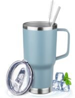 20oz Insulated Tumbler with Handle Stainless Steel Travel Coffee Mug with Lid and Straw Double Wall Vacuum Leak-proof Reusable Thermal Water Cup for Hot and Cold Drinks (Glacier blue,1 Pack) - Image 2