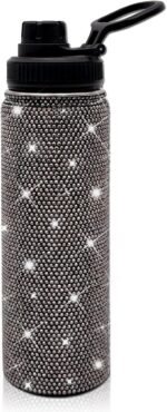 22oz Stainless Steel Bling Crystal Water Bottle Rhinestone Vacuum Insulated Bottle with Spout Lid Reusable Double-Wall Glitter Sport Bottle Gift for Women Girl (Black) - Image 2
