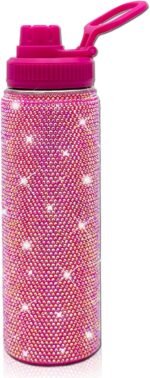 22oz Stainless Steel Bling Crystal Water Bottle Rhinestone Vacuum Insulated Bottle with Spout Lid Reusable Double-Wall Glitter Sport Bottle Gift for Women Girl (Hot Pink) - Image 2