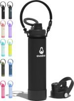 24 oz Insulated Water Bottle with 2 Lids (2-in-1 Straw & Spout Lid, Magnetic Lid), Slim Water Bottle with Strap, Stainless Steel Water Bottle for Hiking, Gym, Travel, BPA-Free Black - Image 2