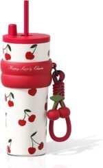 24 oz Stainless Steel Tumbler with Lid and Straw, Insulated Water Bottle Leak Proof for Hot and Cold, Portable Travel Coffee Mug, Reusable Coffee Cup for Women, Cherry - Image 2