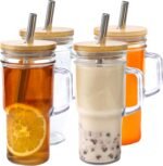 24oz Glass Cups with Lids and Straws - Glass Tumbler cup with bamboo lids and straw iced coffee cup - Image 2