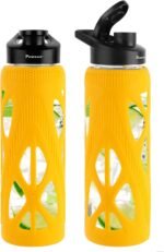 24oz Glass Water Bottle with Silicone Sleeve and Spout Lid - High Borosilicate Glass, Wide Mouth, Leakproof with Handle, BPA-Free, Perfect for Hydration on the Go (Bright Yellow) - Image 2