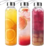 3 Packs Glass Water Bottles with Lid Clear Juice Bottles Reusable Bottle with Stainless Steel Cap Glass Cups Liquid Storage Containers for Juicing Beverage Refrigerator Travel-17oz - Image 2