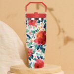 30 Oz Floral Stainless Steel Insulated Top Tumbler with Handle and Straw Lid Leak Proof, Coffee Travel Iced Cup Mug for Women, Mothers Day Birthday Christmas Gifts for Women Mom Girl Friend Wife - Image 2