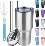 30 oz Tumbler with Lids and Straws, Stainless Steel Insulated Coffee Tumbler, Double Wall Vacuum Insulated Travel Mug Cup, Leakproof Thermal Coffee Cup for Hot and Cold Drinks(Silver) - Image 2