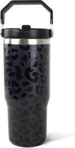 30oz Black Leopard Tumbler with Handle and Straw, Stainless Steel Vacuum Insulated Coffee Tumbler, Travel Mug Water Bottle, Leopard Stuff Accessories Decor Gifts for Women - Image 2