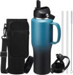 32 40 OZ Insulated Water-Bottle with Handle - Straw & Chug Lid, Strap Carrier Bag & Protective Boot, Stainless Steel Coffee Travel Tumblers, Leak-Proof, Skinny Flask Fit in Car Cup Holder - Image 2