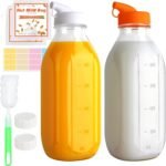 32 Oz Glass Milk Bottles, 2 Pack Scale Mark Drinking Jug with 2 Nut Milk Bags& Airtight Screw Lid & Silicone Pour Cap& Stickers, 1 Quart Reusable Juice Bottle Water Pitcher for Coffee Yogurt - Image 2