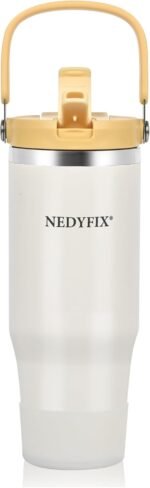 32 Oz Tumbler with Handle Vacuum Insulated Water Bottle Stainless Steel Tumbler Car Reusable Cup Cold for 12 Hours-Beige White - Image 2