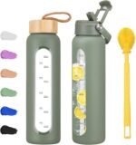 32 oz Glass Water Bottle with 2 Lids-Handle Straw Lid & Bamboo Lid,1 Liter Motivataional Tumbler Water Bottle Time Marker, Borosilicate Glass Water Bottles With Silicone Sleeve, Leakproof - Image 2