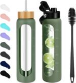 32 oz Glass Water Bottles - 1 Liter Motivational Tumbler With Time Marker - Borosilicate Glass With Silicone Sleeve and 2 Lids, Handle Spout & Bamboo Straw Lid - Image 2