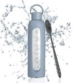 32 oz Glass Water Bottles with Lid and Brush,Borosilicate Glass Water Bottle with Time Marker Water Bottles with Silicone Sleeve Leak Proof Reusable BPA Free (Light Blue) - Image 2