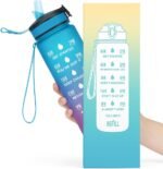 32 oz Motivational Water Bottle with Time Markers BPA-Free Leakproof Reusable Sports Bottle with Straw Pink Blue - Image 2