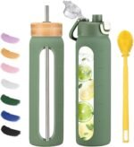 32 oz glass water bottle - 1 Litter Motivational Tumbler With Time Marker - Borosilicate Glass Water Bottles With Silicone Sleeve and 2 Lids - Handle Spout Lid & Bamboo Straw Lid - Image 2