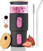 32oz Glass Tumbler with Straw & Bamboo Lid with Silicone Sleeve, Reusable Boba Smoothie Cup Iced Coffee Tumbler, Fits Cup Holder, Glass Water Bottle, BPA Free, Beer Mug & Stein Black - Image 2