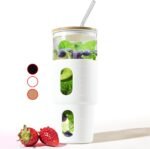 32oz Glass Tumbler with Straw & Bamboo Lid with Silicone Sleeve, Reusable Boba Smoothie Cup Iced Coffee Tumbler, Fits Cup Holder, Glass Water Bottle, BPA Free Beer Mug & Stein White. - Image 2