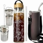32oz Glass Water Bottle with Bamboo Lid and Neoprene Sleeve | Wide Opening Fruit Infuser Water Bottle (Flower) - Image 2