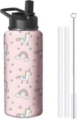 32oz Pink Unicorn Water Bottle with Handle and Flip Straw, Animal Sports Stainless Steel Insulated Cup Travel Coffee Mug Tumbler, Birthday Mothers Day Chritmas Gifts for Women - Image 2