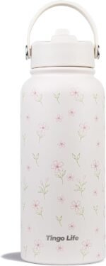 32oz Special Edition White Insulated Stainless Steel Water Bottle - 2 Lids Included (with Straw + Sports), Leakproof BPA-Free, Dreamy Cream Floral Design, Perfect for Gym/Yoga/Office/Travel, BPA-Free - Image 2
