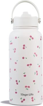 32oz Stainless Steel Insulated Water Bottle with Handle and Straw Lid - Cute Cherry Pattern Cream White Vacuum Water Bottle, Leakproof, Gifts for Women Girls, for Gym, Sports, Travel - Image 2