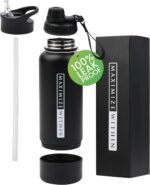 32oz Stainless Steel Water Bottle – Vacuum Insulated Triple Wall Sports Flask with Dual Lids (Straw & Spout) + Hidden Storage Compartment | Leakproof, Reusable, Black Travel Thermos - Image 2