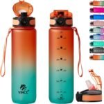 32oz Tritan Water Bottle with Time-Marked, 2 Lids (Fast Flow & Straw) - BPA/BPS Free, Leak-Proof, Airtight, Reusable Water Bottle - Perfect for Sports, Hiking (Gradient Orange/Cyan) - Image 2