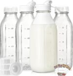 4 Pack 1 Liter Glass Milk Bottles w Scale, 100% Airtight Heavy Duty Screw Lid - 32 Oz Drinking Jars w 2 Pour Spouts - Glass Bottles for Milk, Honey, Jam, Creamer - Dishwasher Safe(Extra 2 Lids) - Image 2