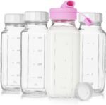 4 Pack 16 Oz Square Glass Milk Bottle with A Silicone Dispenser Cap, Glass Juice Bottles with Airtight Screw Lid, Reusable Drinking Bottles with Capacity Marks, Breastmilk Storage Container - Image 2