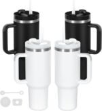 4 Pack 40 Oz Tumblers with Handle Bulk, Double Wall Vacuum Insulated Stainless Steel Tumblers with Lid and Straw, 40 oz Cups with Silicone Spill Proof Stopper Set (Black-2,White-2) - Image 2