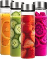 4 Pcs 20oz Glass Juice Bottles with Lids, Wide Mouth Glass Water Bottles with Measurement Markings Reusable Borosilicate Bottle for Juicing Smoothies Beverages, Leakproof Stainless Steel Caps - Image 2
