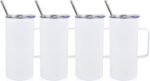 4 Pcs Sublimation Blank Skinny Tumbler 16 OZ White Mugs with Handle and Straw Double Wall Stainless Steel Coffee Travel Straight Mug with Sliding Lid - Image 2