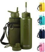 40 Oz Water Bottle with Strap Stainless Steel Sports Water Bottle with 3 Lids (Straw, Chug and Flip Lid) Insulated Leak Proof Metal Jug for Men & Women - Army Green - Image 2