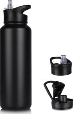 40 oz Insulated Water Bottle with Straw, Stainless Steel Sports Water Bottles with 2 Lids (Straw and Wide Mouth lid), Double Wall Vacuum, Leakproof, BPA-Free, Black - Image 2