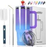 40 oz Shiny Tumbler with Handle and Straw,Stainless Steel Tumbler with Lid and Straw,Insulated Travel Mug(Cold for 34 Hours),Water Bottle for Iced Tea,Coffee (Purple) - Image 2